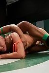 Ebony teen strap-on fucked defeated queen in lesbian wrestling