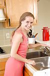 Sexy MILF Sara James goes horny in the kitchen and exposing wet clit to her toy