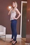Tall blond solo pattern Tery posing non stripped in denim jeans before undressing