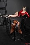 Caged fetish exhibit Latex Lucy licking ass and giving interracial blowjob