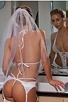 Great bride in stockings gets rid of her dress and underware