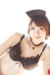 Mini Oriental babe Seira Matsuoka stripping off female house slave uniform to pose as was born