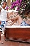 Dainty blondie gets anally group-fucked for a spunk fountain on her limbs and tongue