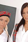 Two hawt lasses in school uniform getting their twats and wastes drilled