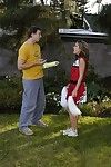 Slutty cheerleader gets tricked come into possession of blowjob with ball licking outdoor
