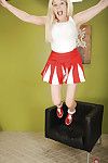 Chesty young tow-haired cheerleader Prudence Tarn trade mark Day-Glo upskirt pantihose