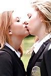 Young schoolgirls Cali Sparks added to Kelly Greene tongue kissing outdoors