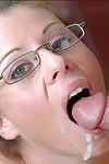 Puffy coed close to glasses Emily George screwed on say no to desk close to class
