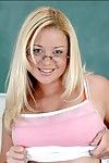 Enchanting college blonde in glasses Holly Morgan strips denuded in mixed bag